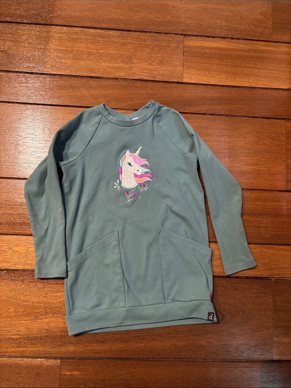 Deux par Deux Toddler Girls Teal Green Unicorn Sweatshirt Dress 4